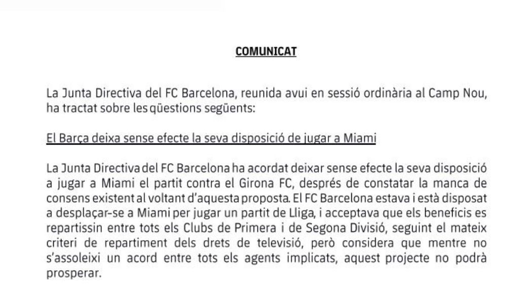 El FC Barcelona descarta jugar contra el Girona a Miami |