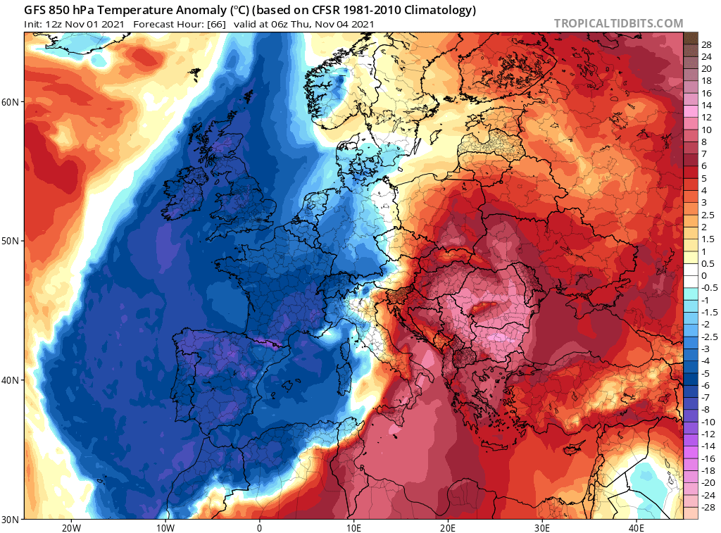 Anomalia de temperatures a 850 hPa prevista per dijous 4 novembre 2021. Tropicaldidbits