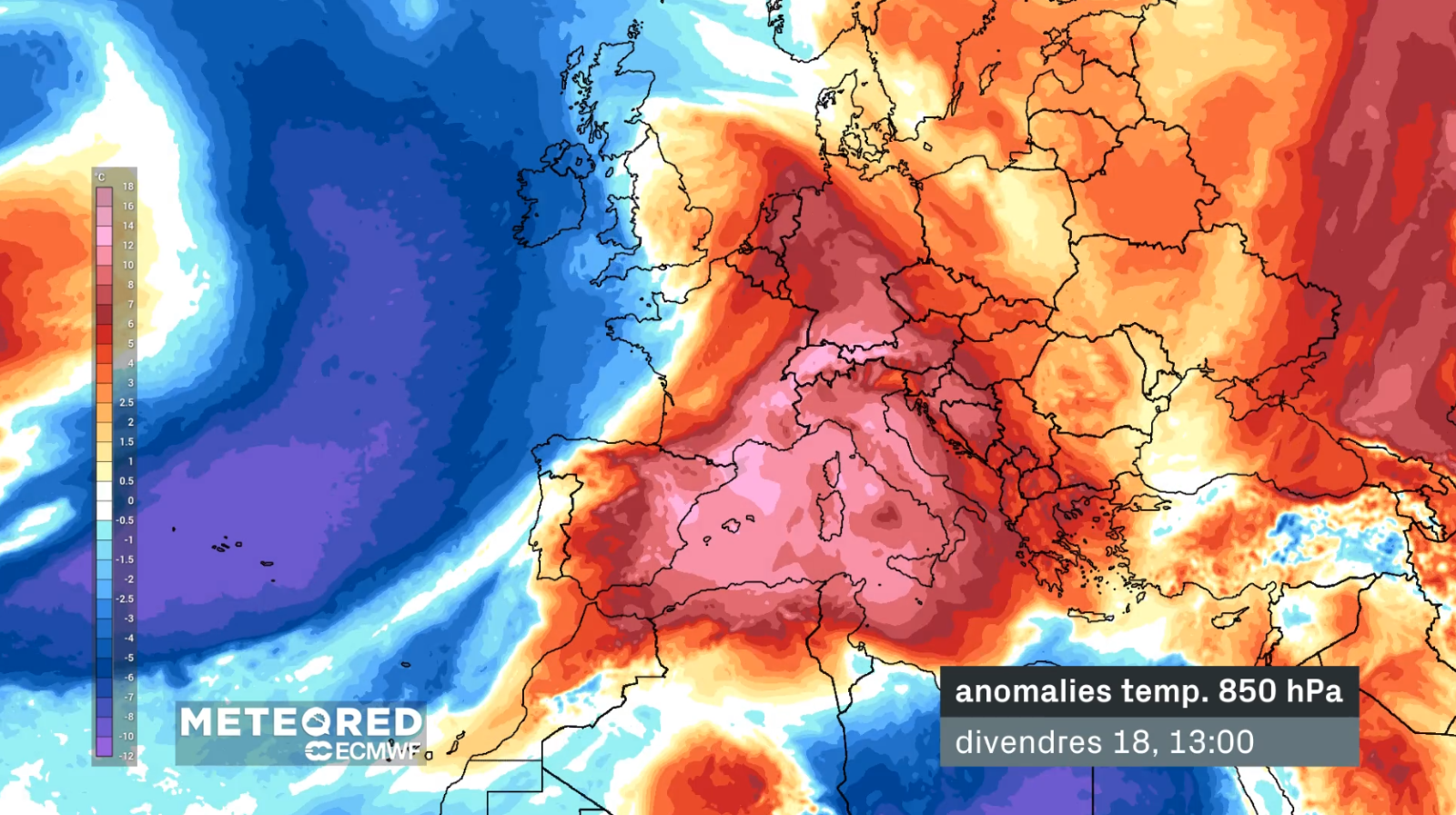 Anomalia de temperatura a 850 hPa (uns 1.500 metres d'altitud). Font: Meteored.