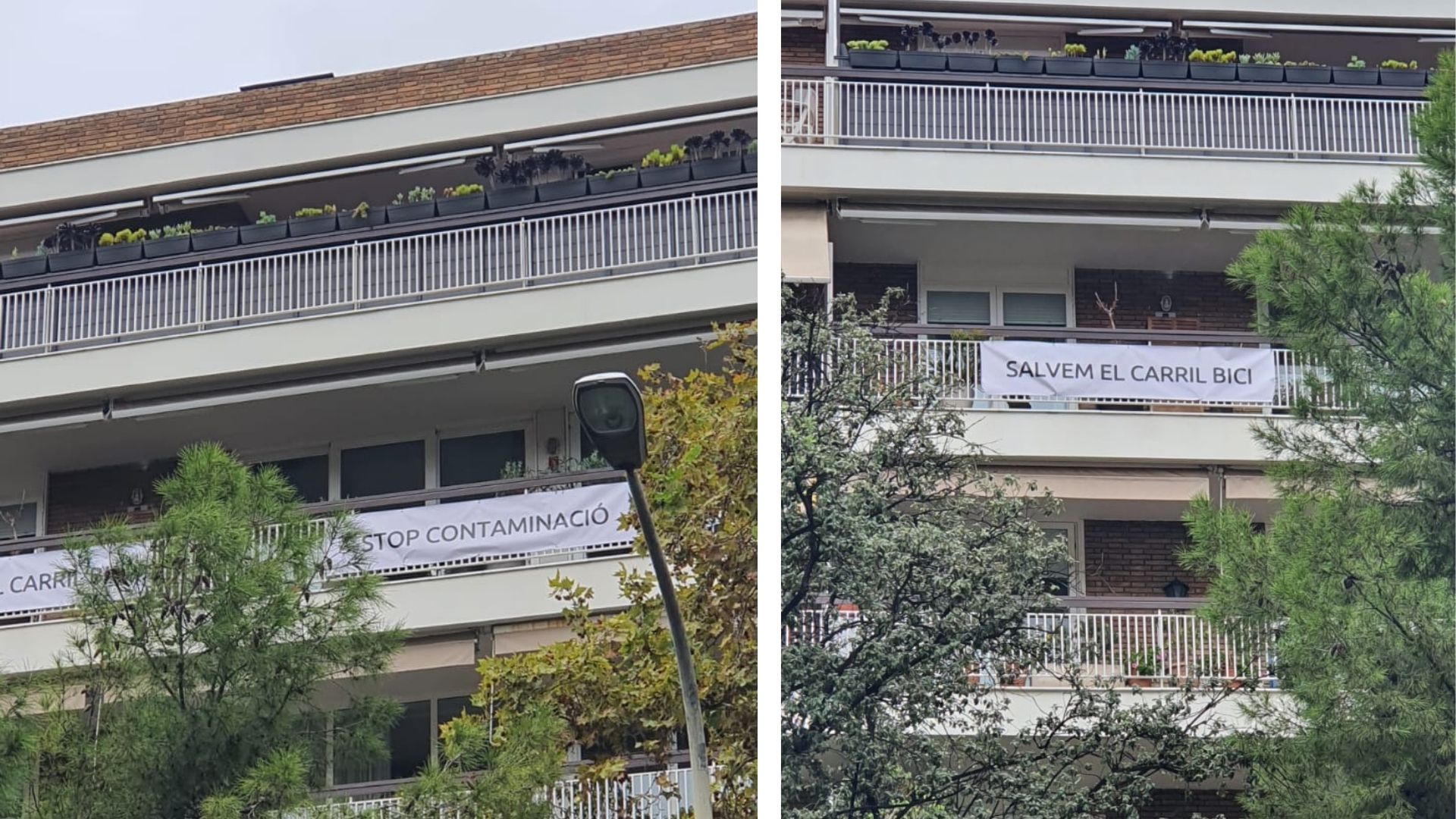 Pancartes als balcons i una manifestació en defensa del carril bici de la via Augusta | carrils bici, protestes