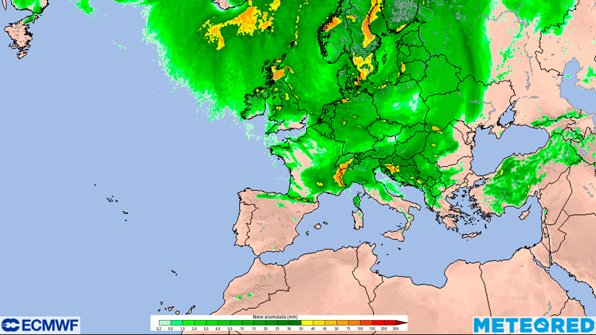 Neu acumulada fins diumenge 24 de novembre a les 20 h. Font: Meteored/ ECMWF