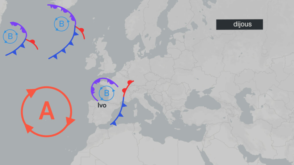 Mapa isobàric previst per dijous, 30 de gener, amb la borrasca Ivo al damunt de Barcelona