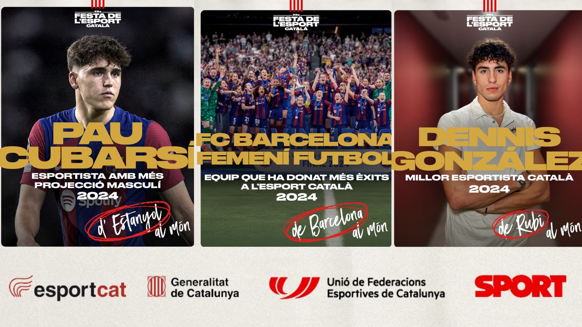 Els premiats de la 28a Festa de l'Esport Català amb Pau Cubarsí, barça Femení i Dennis González