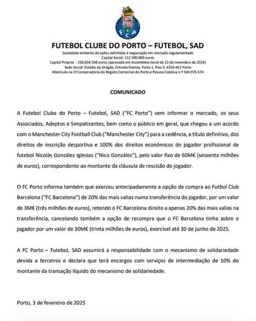 La milionada (però no tanta) que guanya el Barça pel traspàs de Nico González del Porto al City | FC Barcelona, mercat de fitxatges