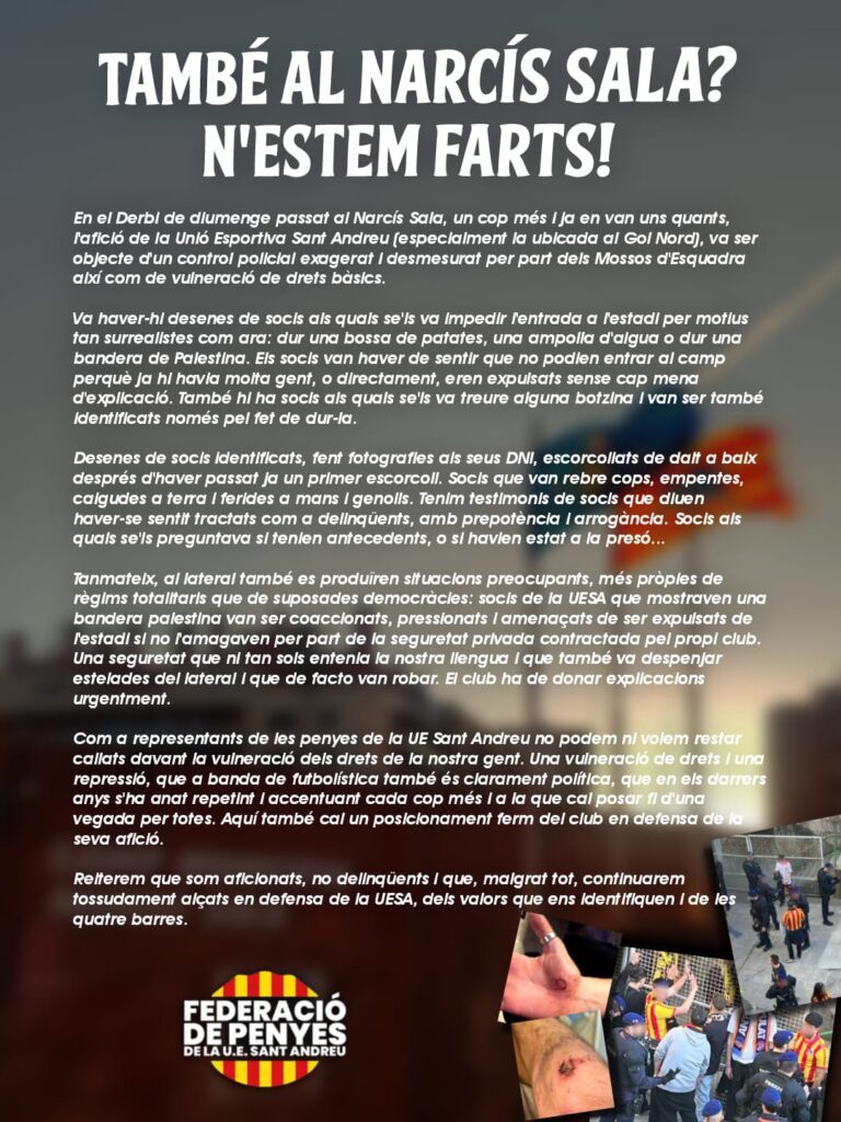 Les penyes del Sant Andreu denuncien el tracte rebut de cossos policials i de seguretat en el derbi | lliga, Segona RFEF