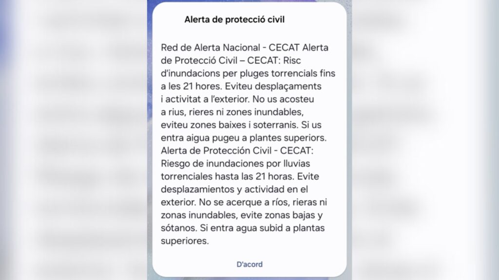 Protecció Civil envia un missatge d’alerta als mòbils per l’empitjorament de les previsions de pluja