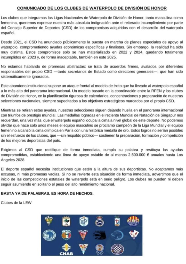 Comunicat dels clubs de waterpolo de Divisi&oacute; d'Honor