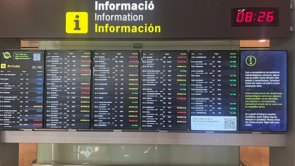 Desenes de vols cancel·lats i retards a l'aeroport de Barcelona per la pluja | Aeroport Josep Tarradellas Barcelona-el Prat, pluja, tempesta, viatges