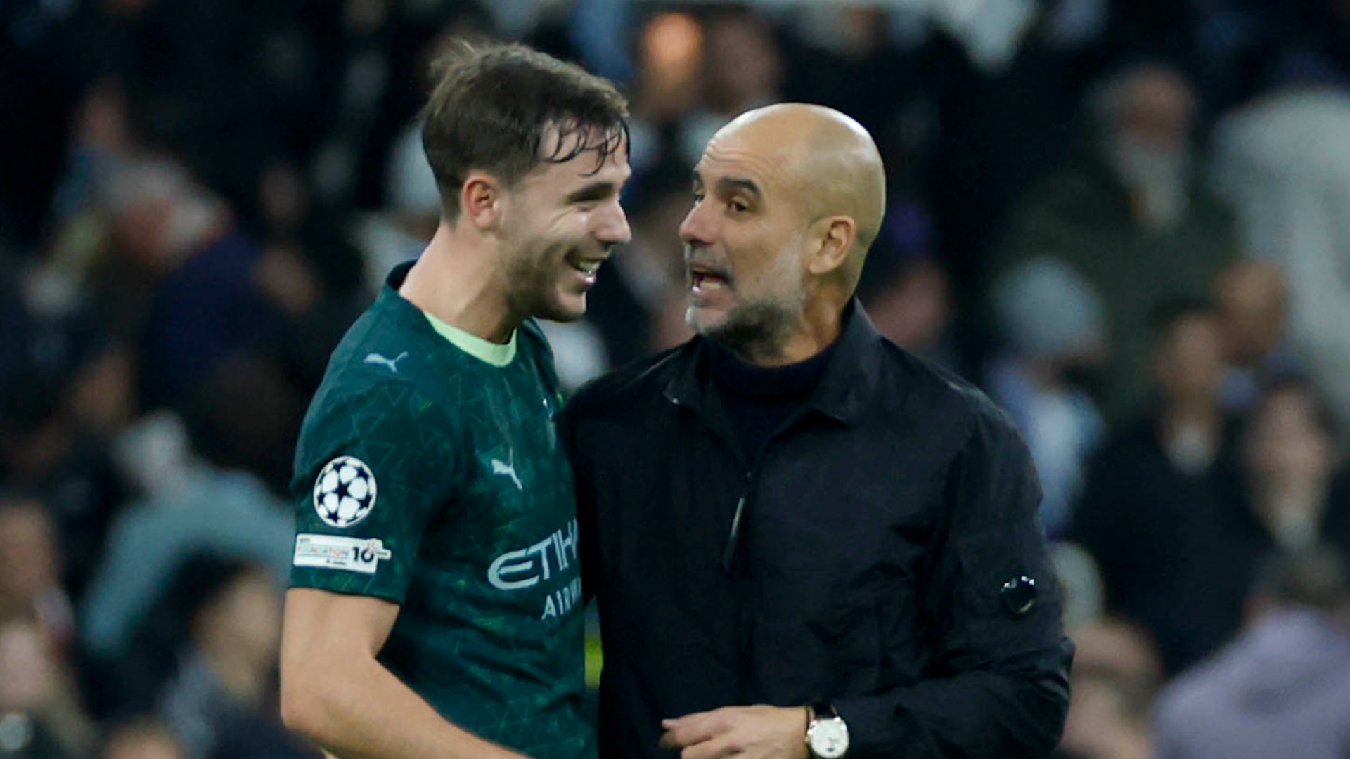 Pep Guardiola i Nico González, entrenador i jugador del Manchester City al Bernabéu