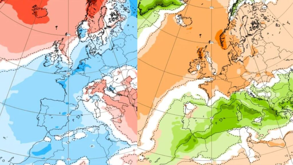 anomalia de la temperatura (esquerra) i de la pluja (dreta) per a la setmana de Nadal. Font ECWMF 