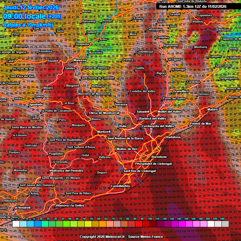 Mapa de ratxes de vent previstes per aquest dijous a les 9 del matí. Ràfegues superiors als 100 km/h a la ciutat de Barcelona. Font: meteociel.fr.