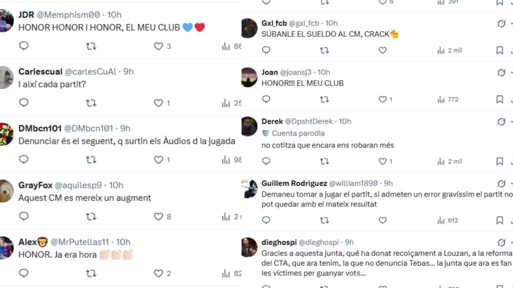 foto dels comentaris a X (antic Twitter) sobre el text del Bar&ccedil;a dels errors del VAR en el Girona-Bar&ccedil;a