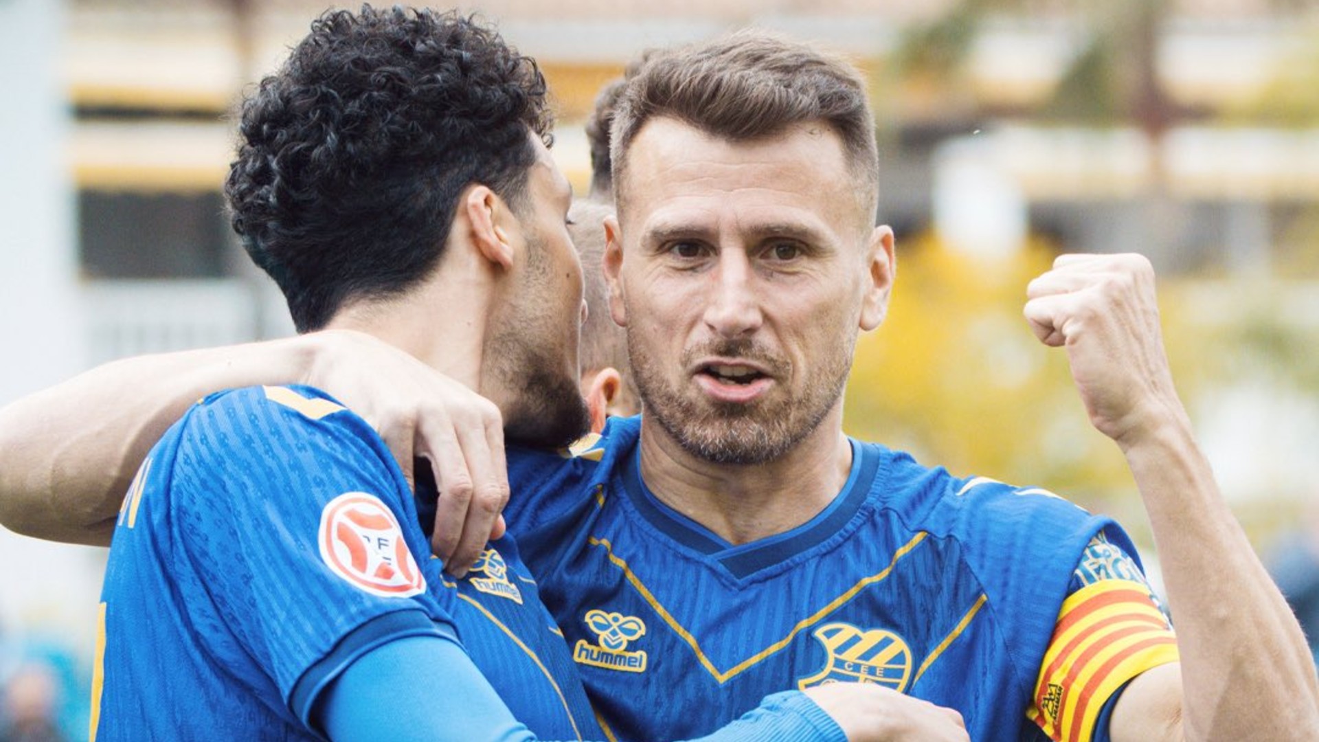 Àlex Cano i Adnane celebren el triomf del CE Europa al camp del Marbella