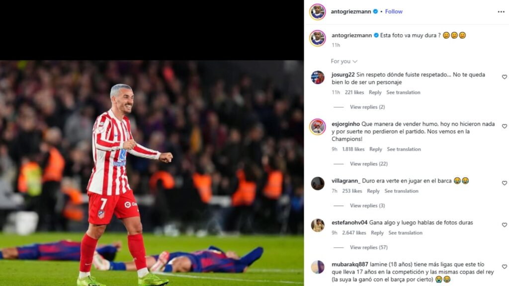 Foto d'un post d'Instagram d'Antoine Griezmann just despr&eacute;s del final del partit de la Copa del Rei entre el Bar&ccedil;a i l'Atl&egrave;tic de Madrid