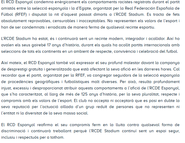 El RCD Espanyol condemna els comportaments racistes del partit Espanya-Egipte | racisme, selecció espanyola