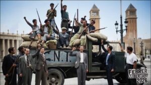 Una església en flames, barricades i una fàbrica d’armament: la IA recrea el Sants del 1936