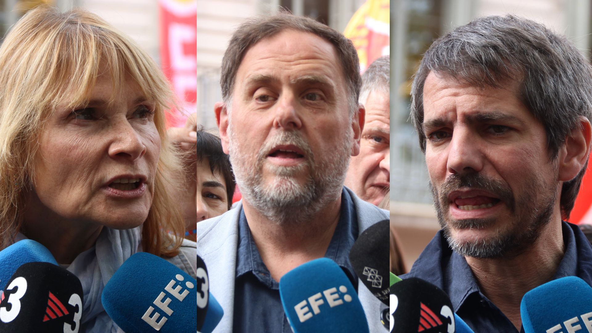 Lluïsa Moret, Oriol Junqueras i Ernesta Urtasun a la manifestació de l'1 de maig