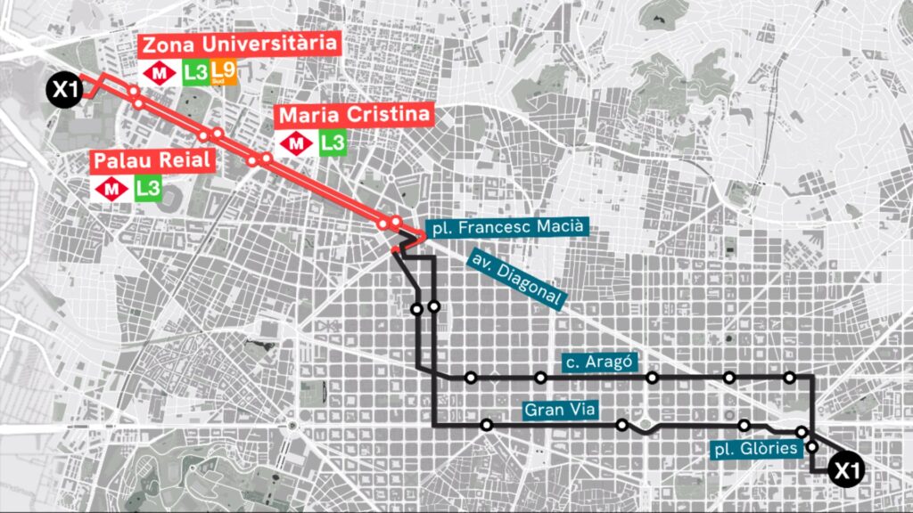 recorregut bus x1 zona universitaria
