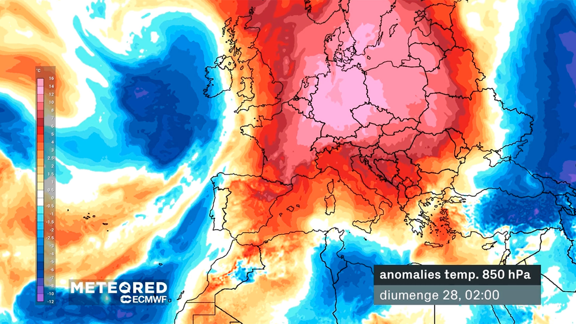 anomalia de temperatura a Europa prevista per a diumenge 28 de juny del 2026