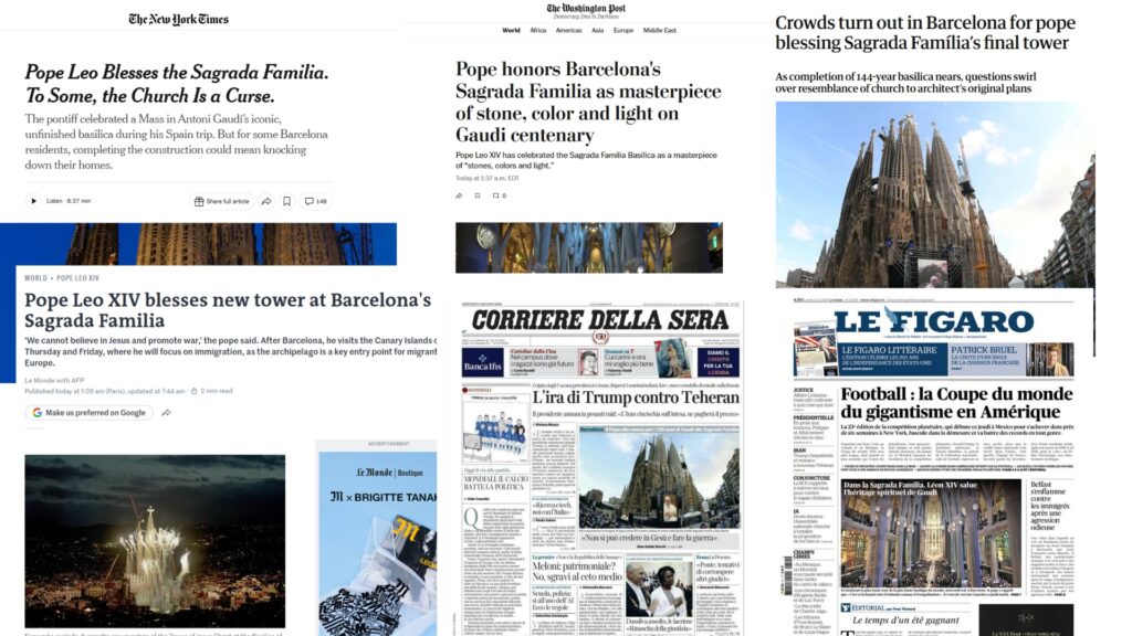 Espectacular i majestuós: així defineix la premsa internacional l'espectacle de la Sagrada Família | Antoni Gaudí, mitjans de comunicació, papa Lleó XIV, premsa, Sagrada Família