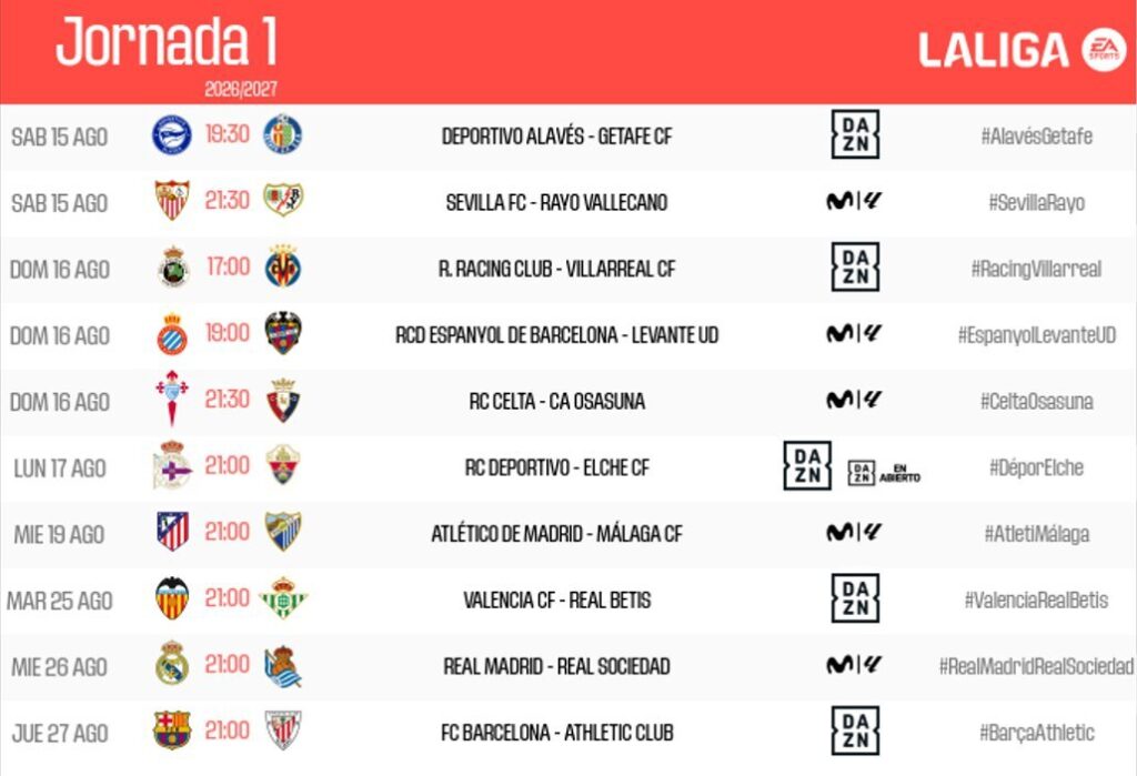 Horaris Primera Jornada Lliga 26-27