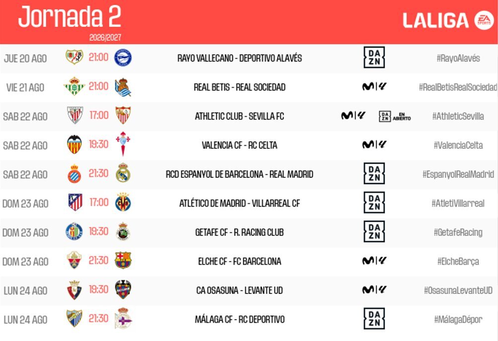 Horaris Segona Jornada Lliga 26-27