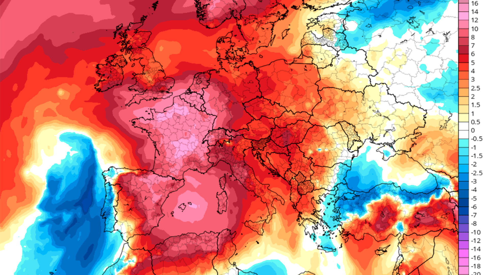 anomalia de temperatura a la capa de 1.500 m (80 hPa) prevista per al 14 de juliol. Font: Tropicaltidbits.com