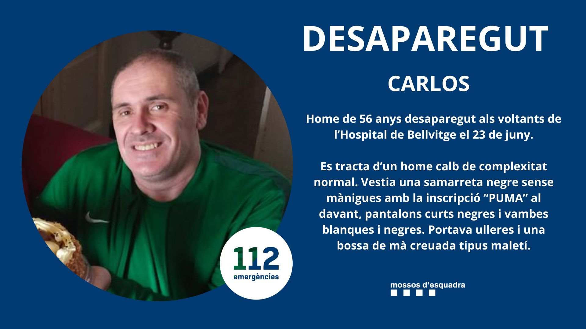 Crida Mossos trobar Carlos, desaparegut Bellvitge