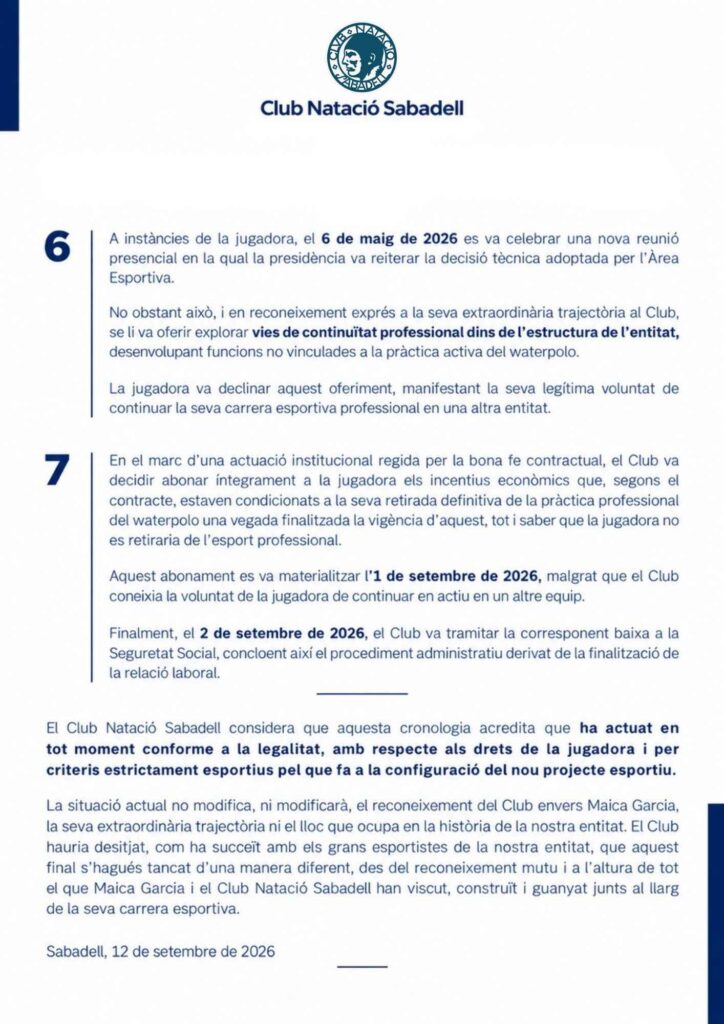 El CN Sabadell assegura que el comiat de Maica García és legal i que no han infringit la llei |