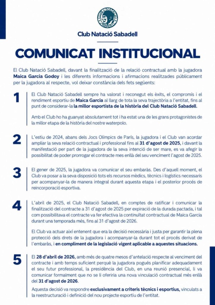El CN Sabadell assegura que el comiat de Maica García és legal i que no han infringit la llei |