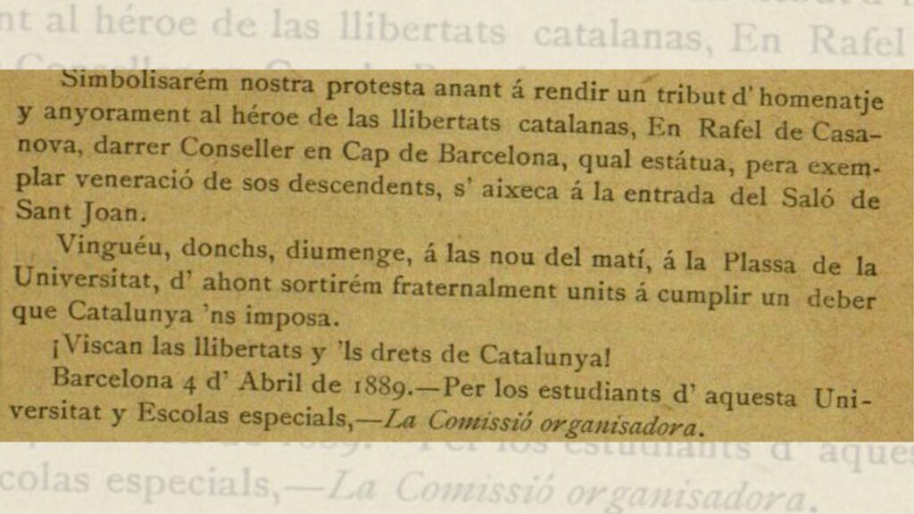 Anunci de la primera ofrena floral al monument de Rafael Casanova