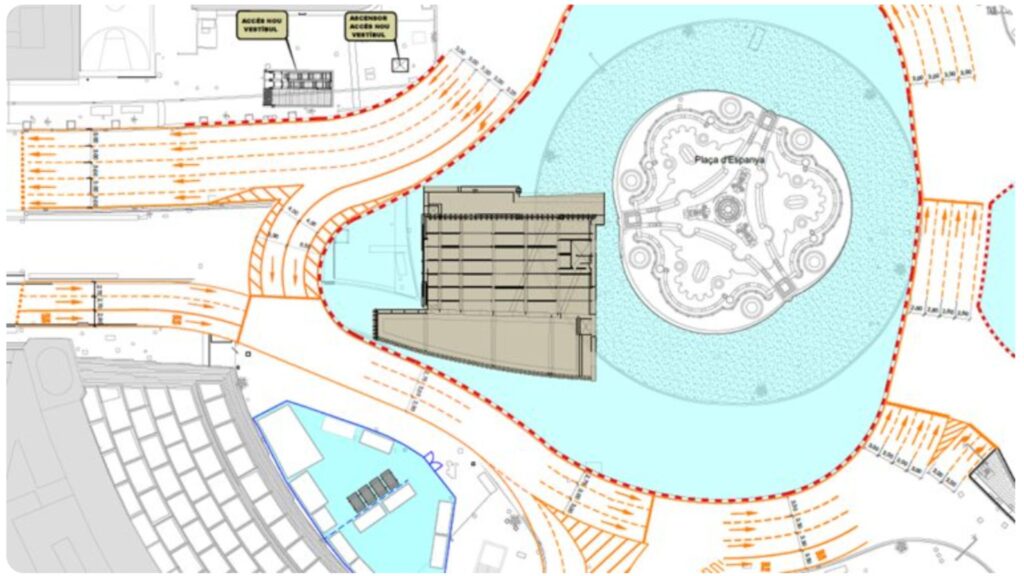 Canvis a la plaça d’Espanya: la rotonda en forma de pera per les obres de perllongament de l’L8 | estació de Sants, FGC, obres, plaça d'Espanya, trànsit